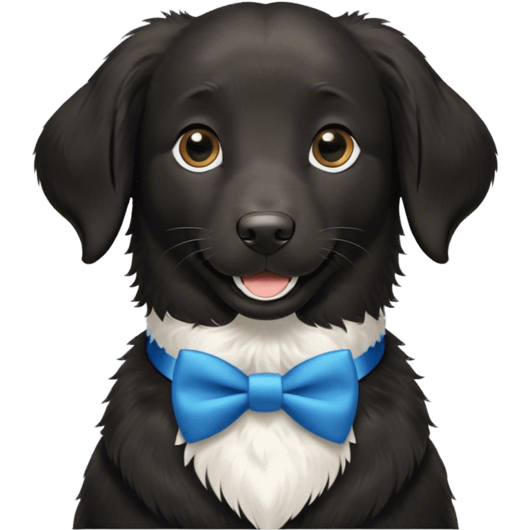 Black, flat-coated retriever, smooth fur with  fluffy ears, smiling face, small patch of white fur in her lower chest, blue bow tie collar emoji