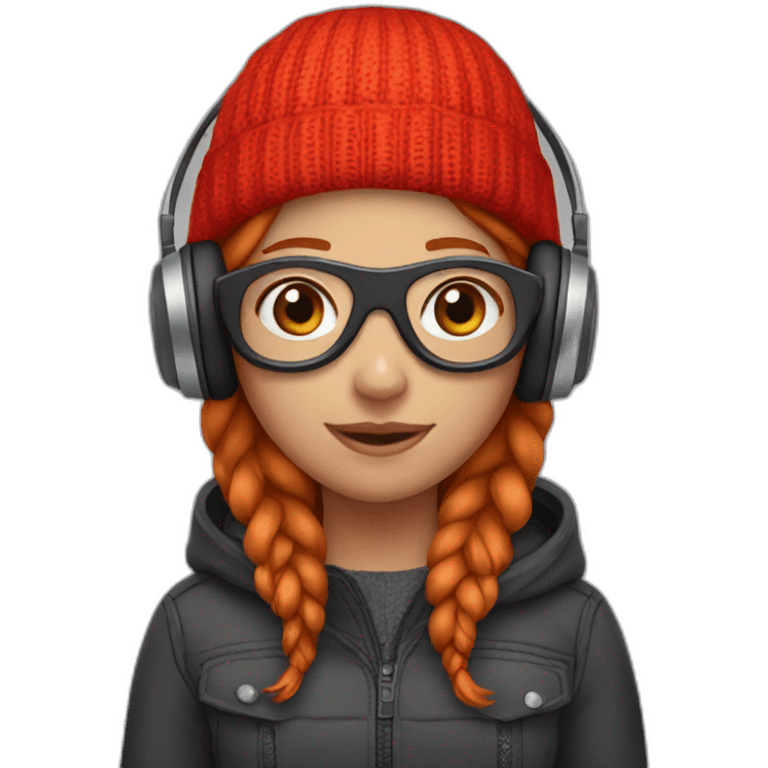 Girl with ginger hair wearing red beanie goggles and headphone emoji