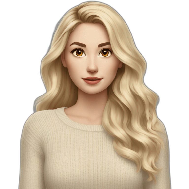 White women, long blonde balayage hair, no smile, beige sweater emoji