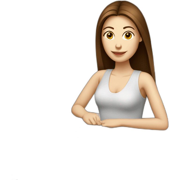 woman with long straight brown hair and pale skin using a laptop as a saucer for a coffee mug emoji