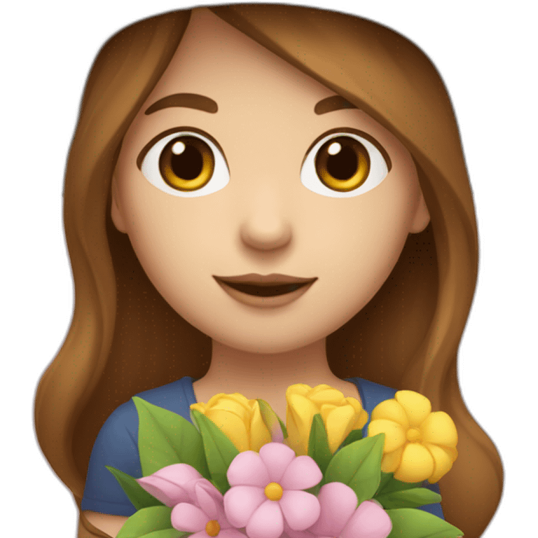 white skin, Girl with a hat, brown hair straight to the shoulders, holding a bouquet of flowers emoji