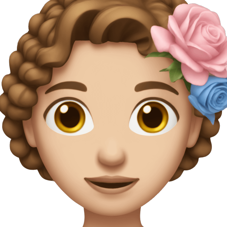 woman with blue eyes brown hair and pink bouquet in the hand emoji