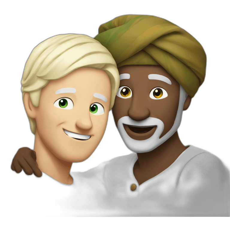 Turban older Man from africa hugs blond European man emoji