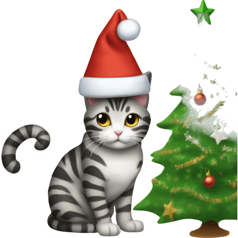 striped cat in a New Year's hat next to the Christmas tree emoji