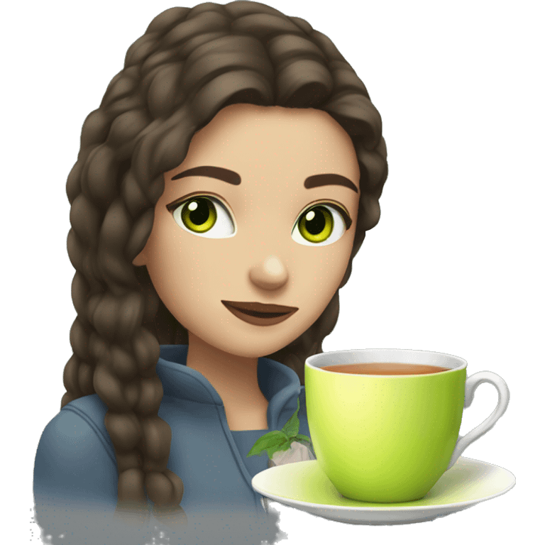 Girl sipping tea with brunette hair and green eyes  emoji