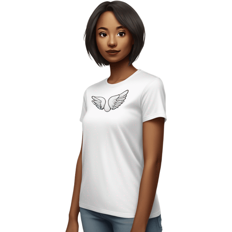 womans white t shirt with small drawing of wings on the front emoji