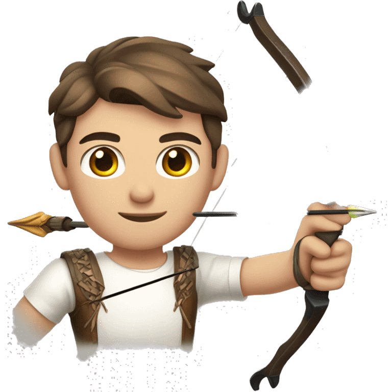 a male archer with a bow, wearing a white shirt, very short brown hair, bright skin, only show upper part of the body from waist up emoji