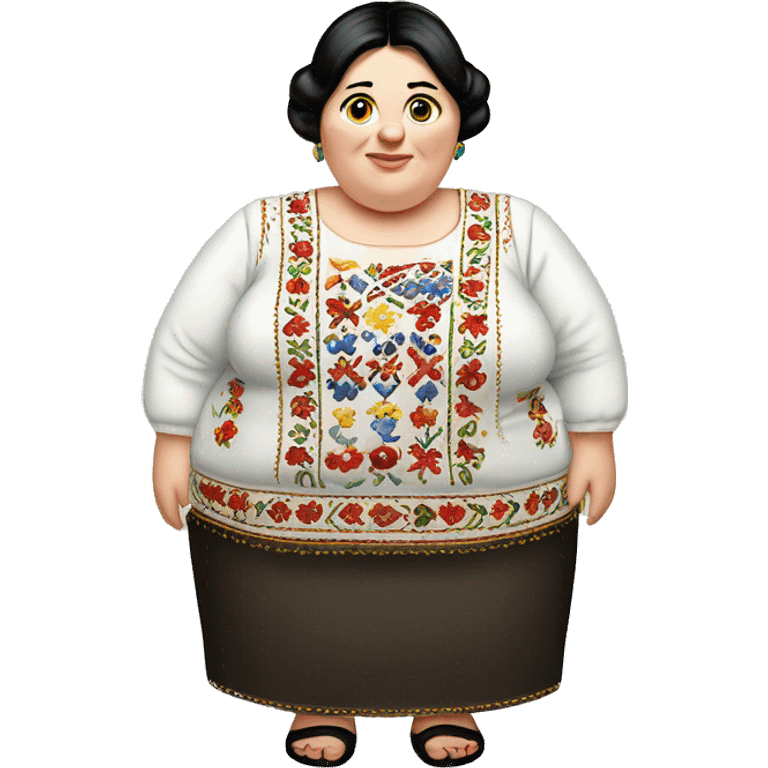 European dark-haired obese woman in Ukrainian embroidery emoji