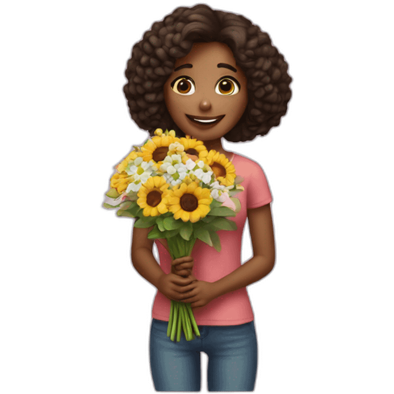 A girl is photographed with a bouquet emoji