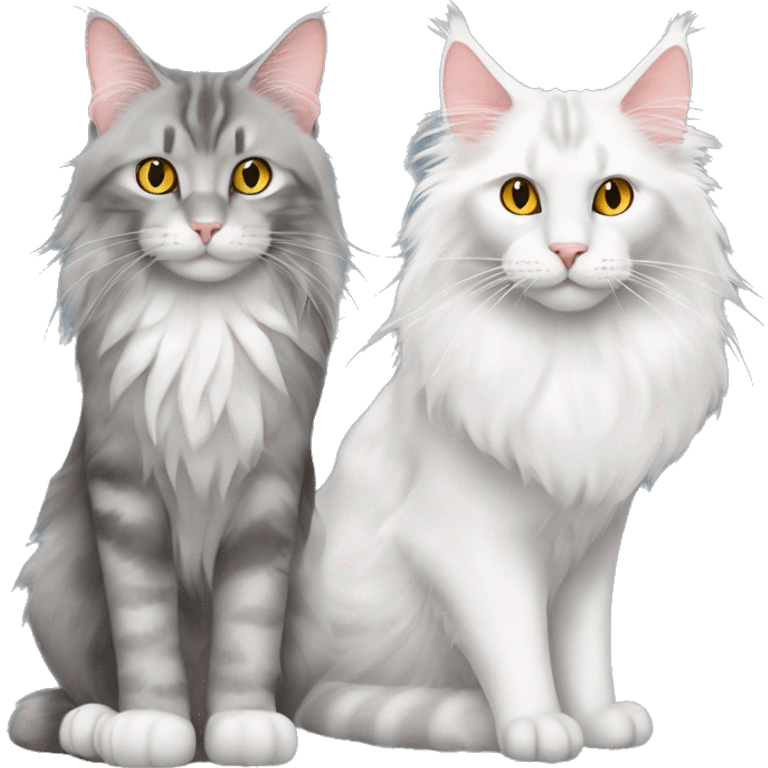 maine coon cat with a turkish angora cat which is white and thw maine coon cat is grey emoji