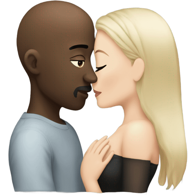 White girl dark hair kissing bald black man emoji