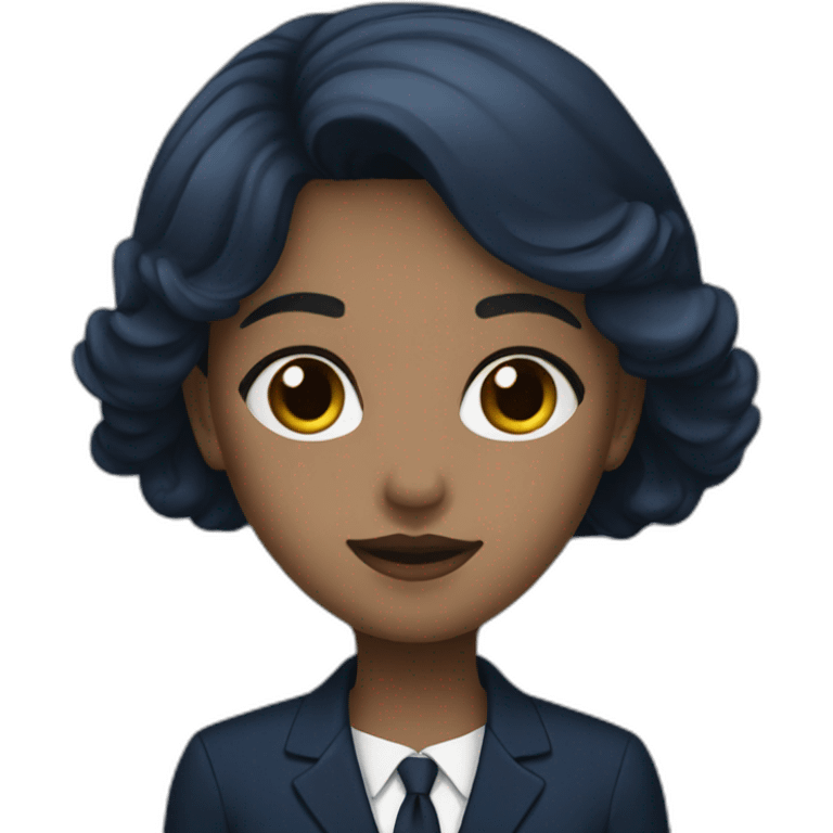 a girl who works in a funeral home in a navy blue suit and a coffin emoji