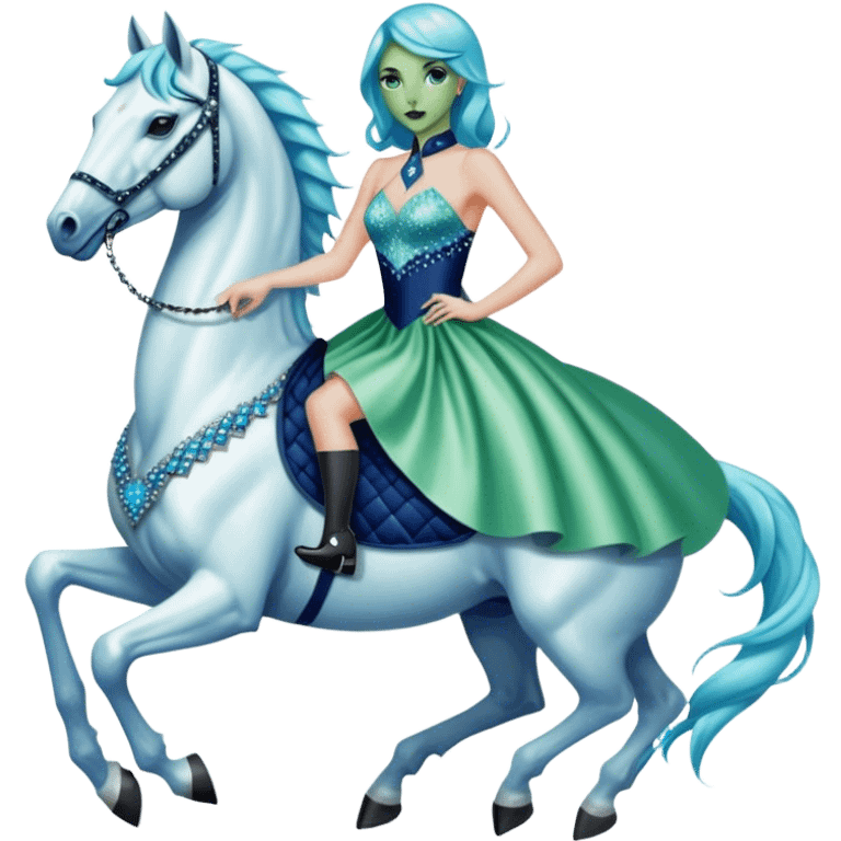 alien reptilian green skin woman, in short slim pastel blue formal party satin dress with gradient shiny sparkling navy blue diamonds embroidered , ride a White horse emoji