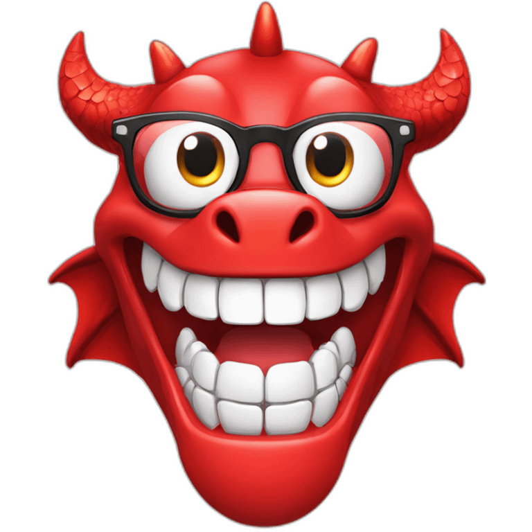 Crazy funny red dragon head with human white teeth and beautiful smile wearing glasses and hat emoji