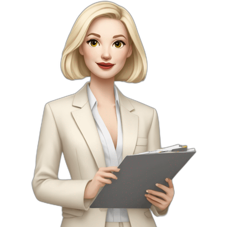 pale skin woman with ash blonde Straightened bob Hair, White Spacious classical jacket, beige palazzo Arrow pants and gray blouse holding a color palette in the hands emoji