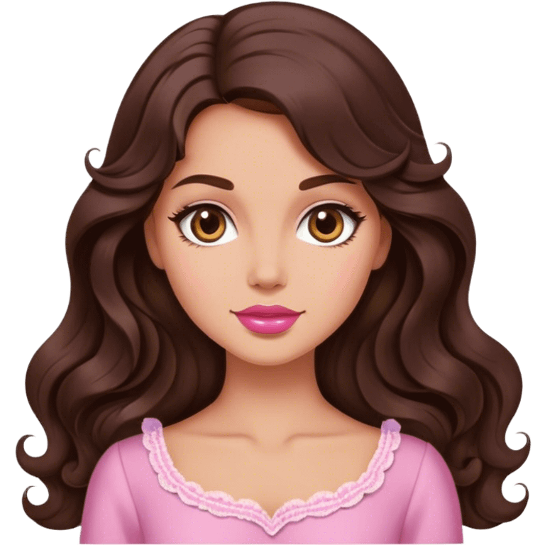 Beautiful royal Brunette with long wavy  hair in pink vintage  emoji