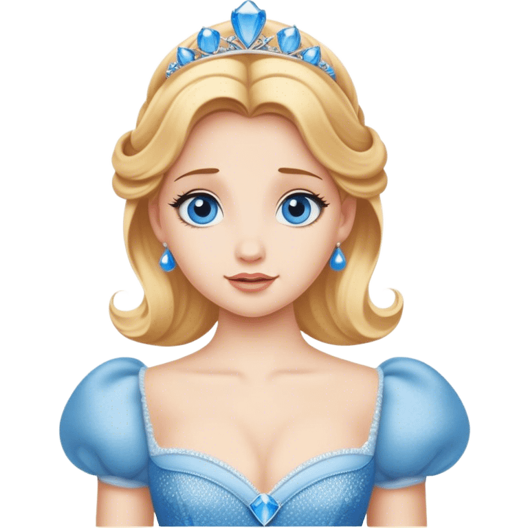 Cinematic Realistic Comical Cinderella Portrait, with every detail rendered realistically—from the soft, smooth texture of her fair skin to her artfully styled golden-blonde hair. Her bright blue eyes are wide with playful disbelief, and her expression carries a touch of whimsical humor while retaining elegant poise. Her classic ball gown, detailed with rich fabric textures and natural shadows, catches the light in a way that blends refined beauty with a hint of cheeky mischief, creating a striking, lifelike portrayal. emoji