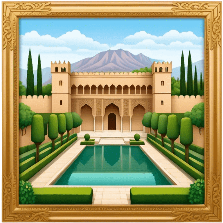 Cinematic Realistic Alhambra Landmark Emoji, showcasing the ornate historic palace with lush gardens rendered with rich textures and soft, majestic lighting. emoji