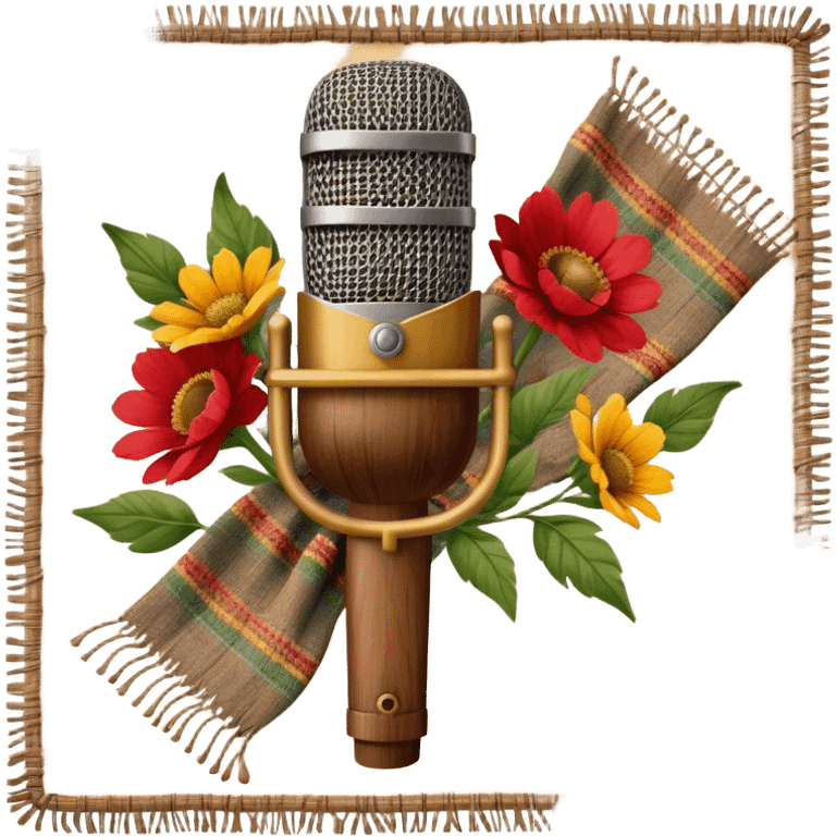 Create a traditional and warm emoji representing folk singing, using a humanless collage. The design should feature a rustic wooden microphone or an old-fashioned folk instrument like a balalaika, gusli, or a domra, placed alongside traditional elements such as a hand-woven scarf or a wooden flute. Include natural, earthy details like wildflowers, musical notes, and rustic textures, evoking the feeling of folk music in its purest form. Use warm, earthy colors like brown, gold, red, and green to create a cozy and organic vibe. The background should be transparent. emoji