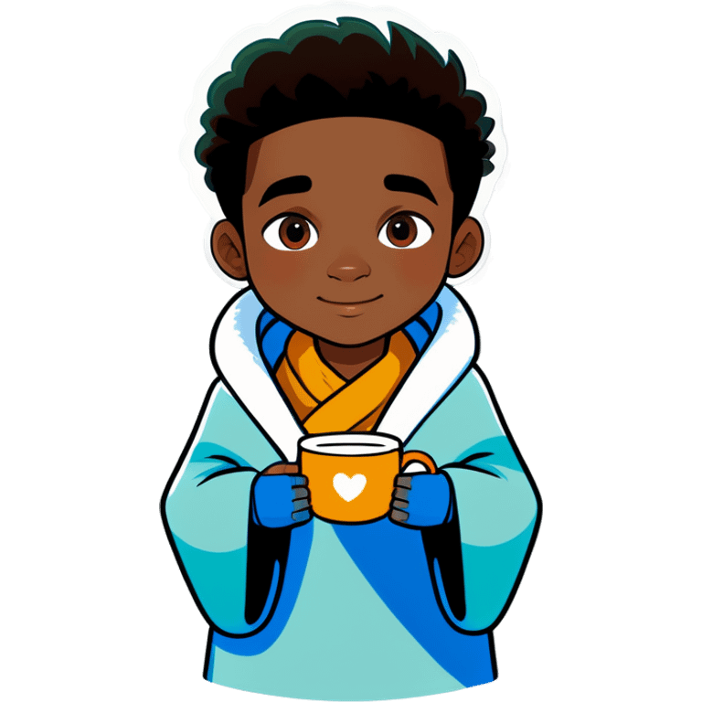 Brown skin boy wrapped in a blanket holding a cup of tea cozy vibes emoji