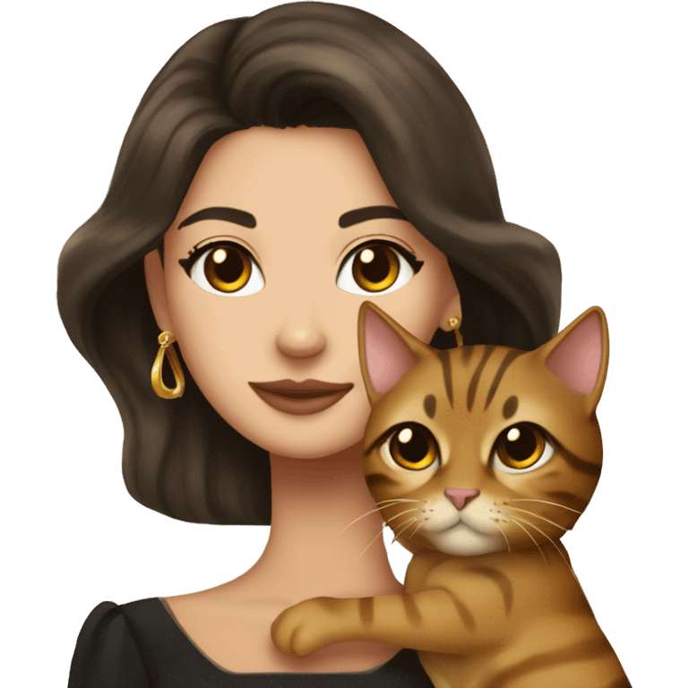 Beautiful skinny woman long dark brown hair in dark dress with gold earrings hug bengal cat emoji