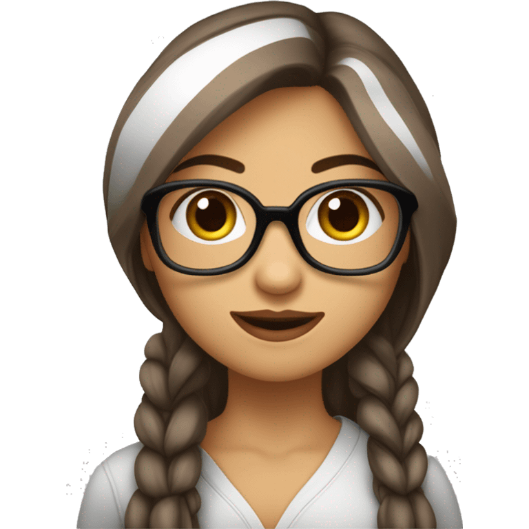 Fille cheveux lisse long brune raie au milieu yeux marron et lunettes carrées noire emoji