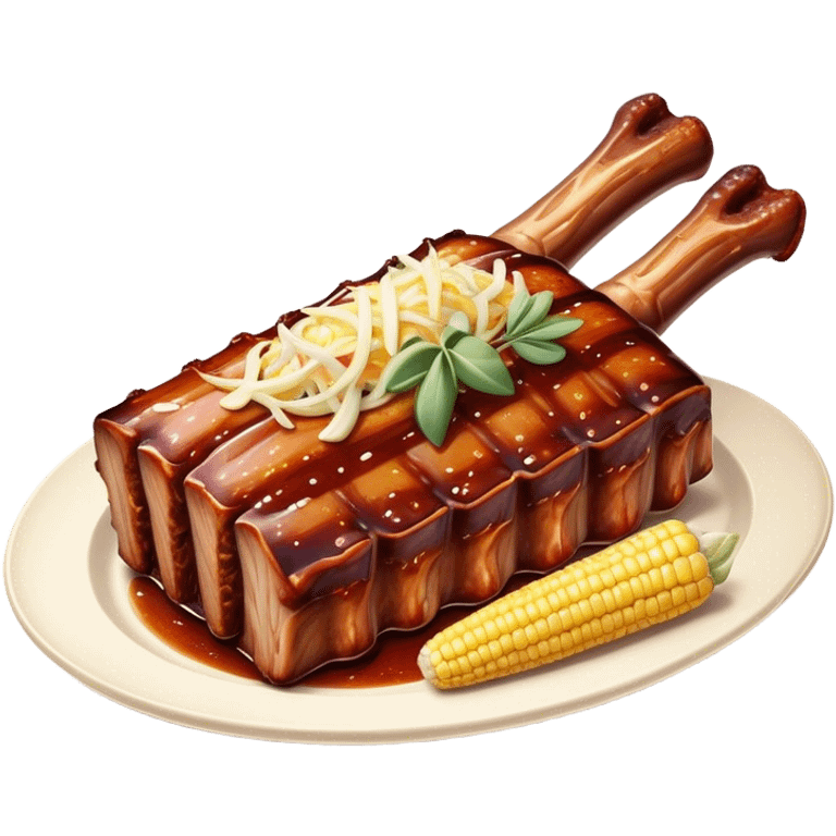 Cinematic Realistic Barbeque Ribs Dish Emoji, depicted as succulent, slow-cooked ribs with a sticky smoky glaze rendered with rich textures and dynamic, appetizing lighting. emoji