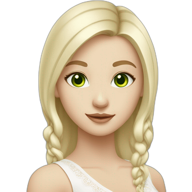 Beautiful blonde ukrainian girl green eyed with white skin middle hair wearing middle dress emoji