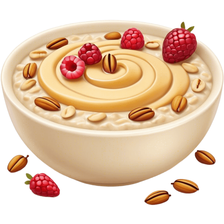 Cinematic creamy oatmeal, smooth texture with a swirl of honey on top, garnished with fresh berries and nuts, warm and comforting, cozy golden tones, rich and delicious. emoji