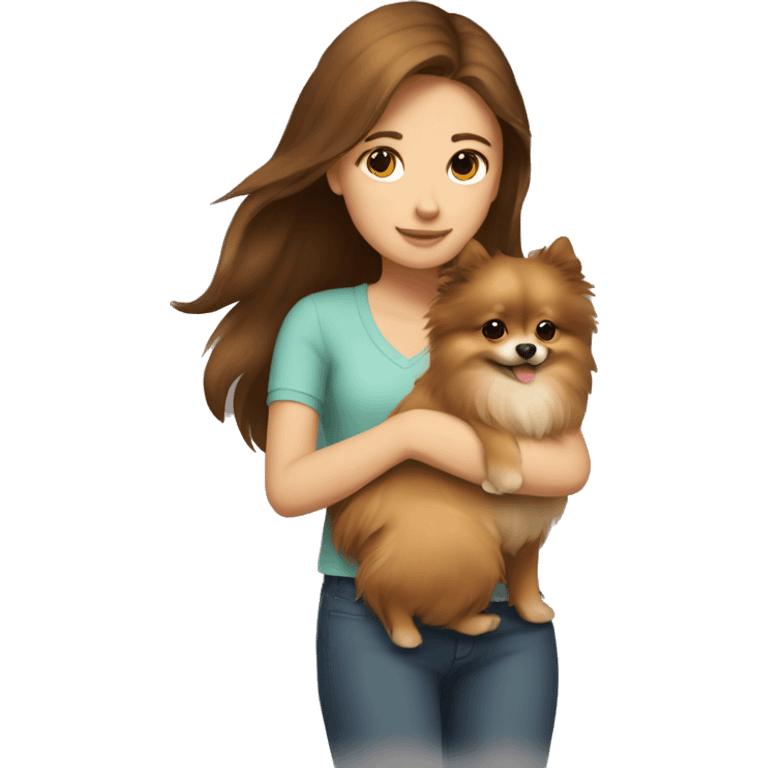 brown haired girl hugging Pomeranian dog  emoji