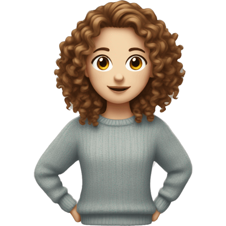 white girl with long brown curly hair, wearing cute jumper  emoji