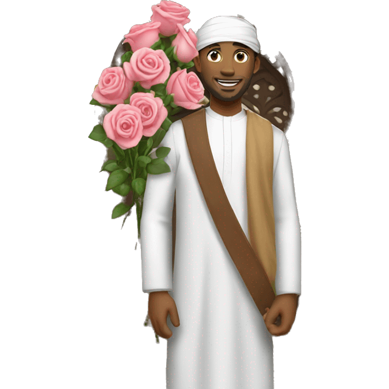 A man entering a mosque with a bunch of roses in his hand emoji