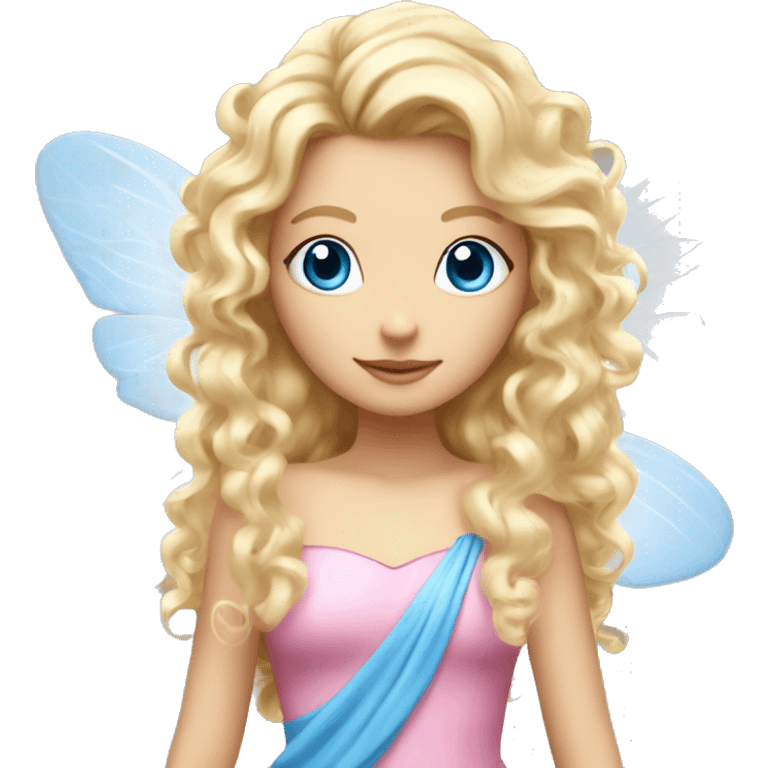 Fairy, a blonde hair with blue eyes and a pink dress with sparkly wings. White wings. The fairy has long, curly hair with a lot of volume emoji