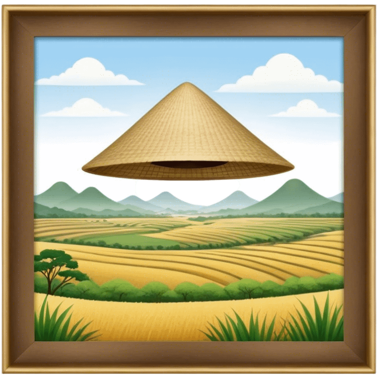 Cinematic Realistic image of an iconic conical hat (Nón Lá), rendered with detailed textures and subtle natural hues, set against a serene rural Vietnamese landscape with gentle, diffused lighting emoji