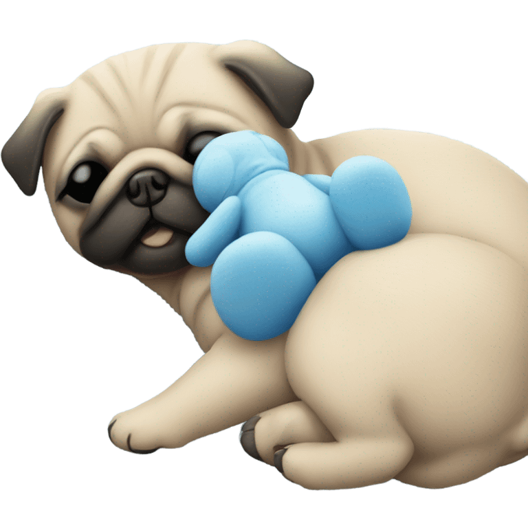 Baby pug sleeping next blue teddy bear  emoji