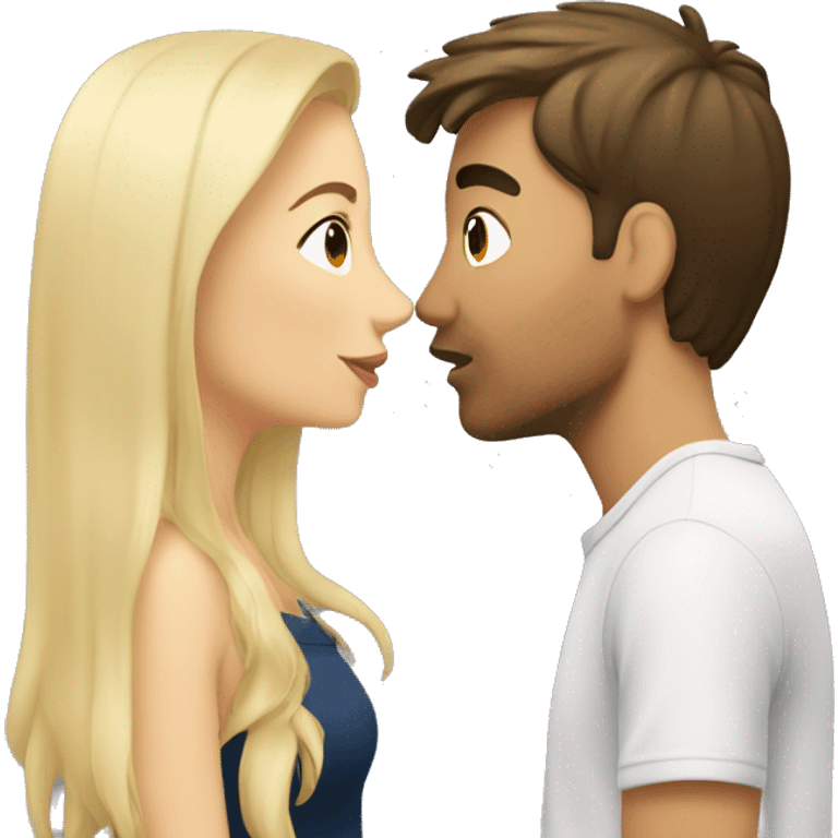 blonde girl kisses brunette guy.  emoji