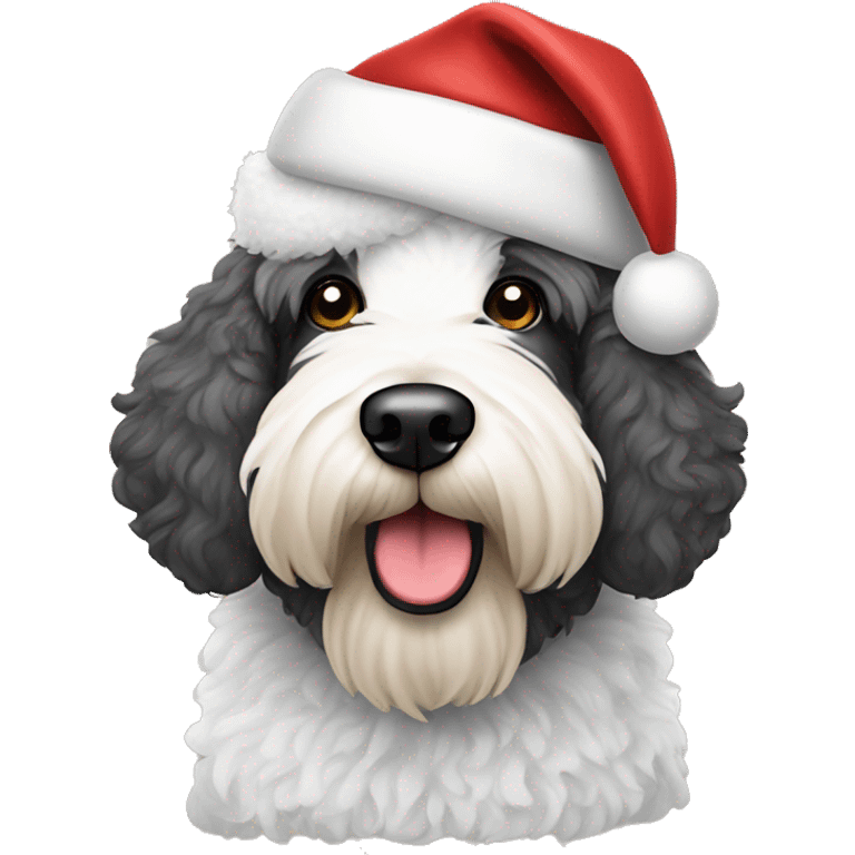 Sheepadoodle dog w Santa hat emoji