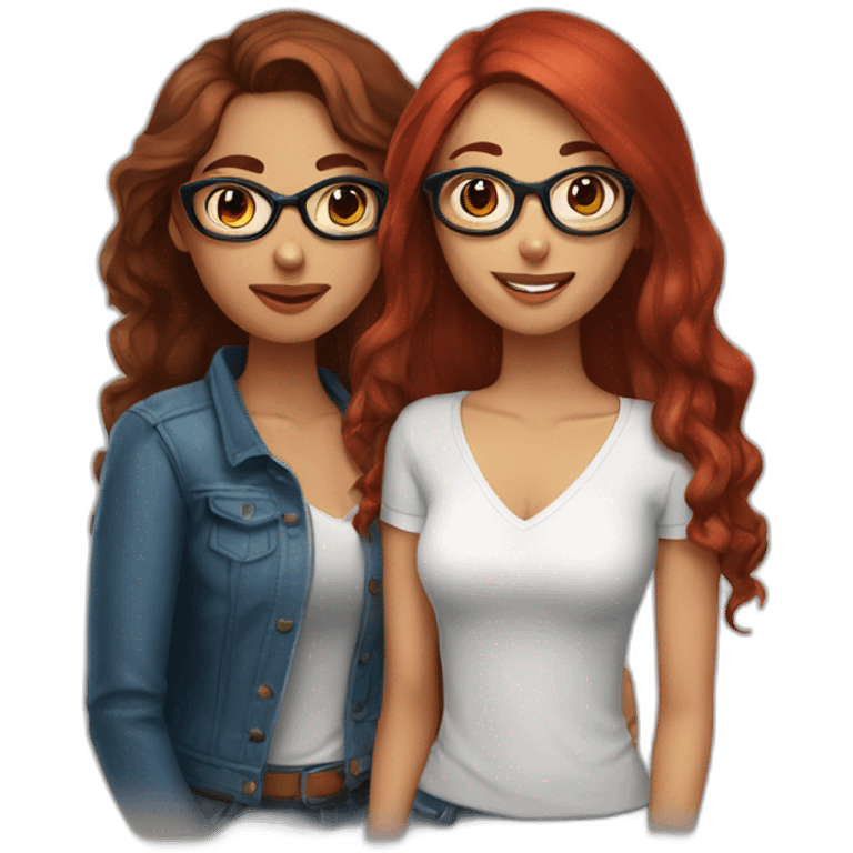 Wlw couple Latina girl with long dark hair and red head girl with blue eyes and glasses  emoji