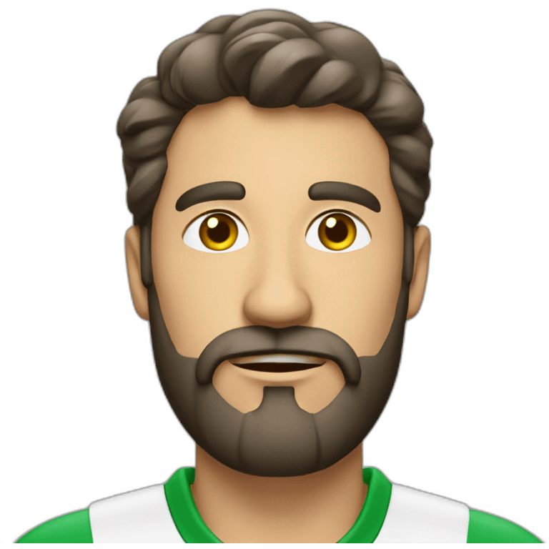 hombre con barba y camiseta polo blanco y logo verde emoji