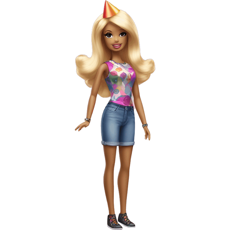 Barbie doll full body image holding a balloon and wearing a party hat  emoji