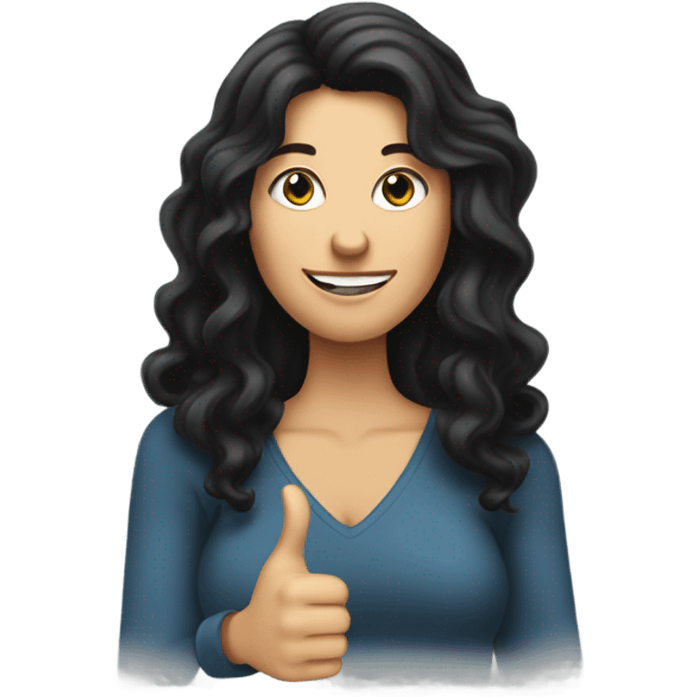 Long black wavy haired white woman giving sarcastic thumbs up emoji