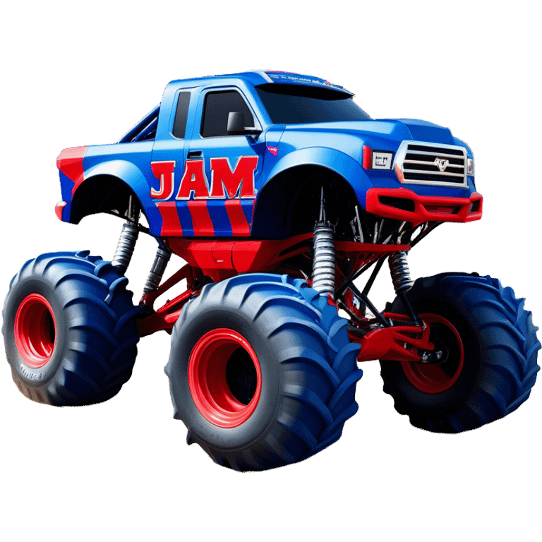 Avenger - Monster Jam (Model Year: 2021) (Iconic colour: Blue and red) - A dynamic monster truck with a split-color scheme: predominantly blue accented by bold red elements. Focus on strong, angular lines and vivid contrasting colors that evoke high energy and a futuristic, rebellious style. emoji