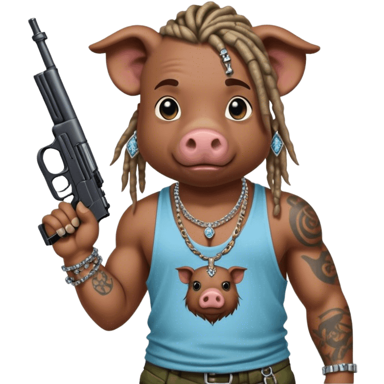 african-american race pig with dreads looking gangster with gun and tank top, with diamond blinging chain, with tattoos emoji