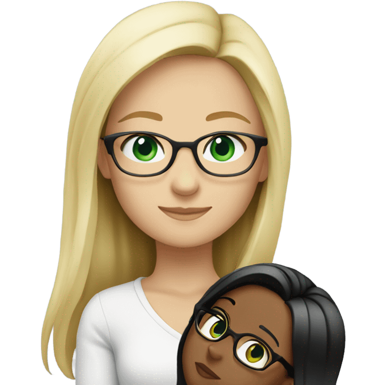 Blonde girl with green/blue eyes and glasses hugging brunette no glasses and brown eyes both white emoji