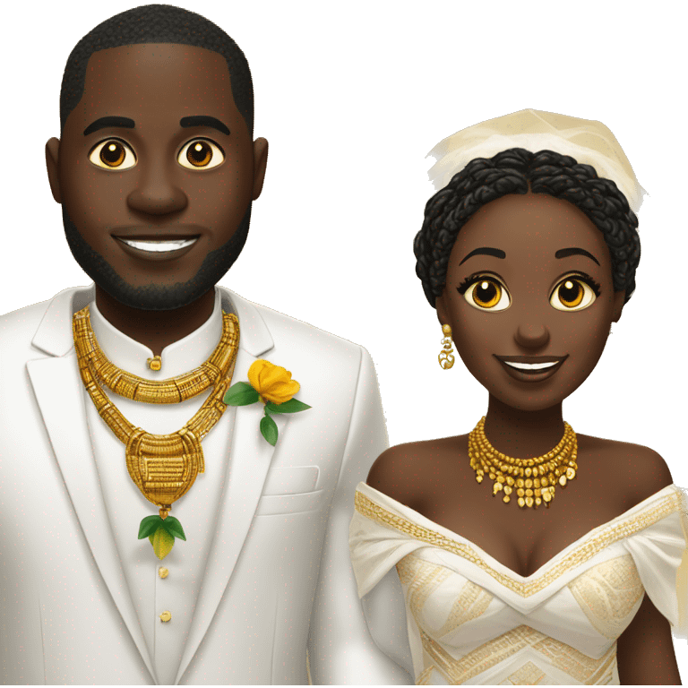 Ghanaian bride and groom. Gold jewelry with white off shoulder dress. Kente Cloth emoji