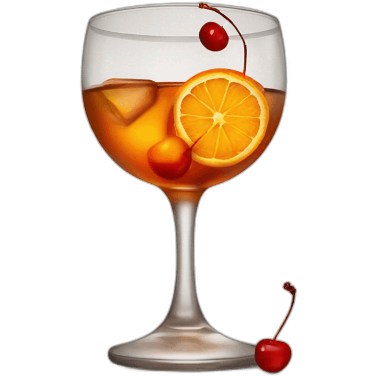 Whisky glass, old fashioned, cocktail cherry, ice cubes, orange twist emoji