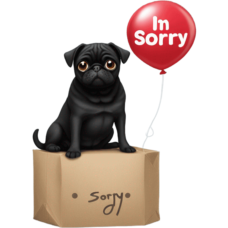 Black pug  and a ballon that says  “I’m sorry” emoji