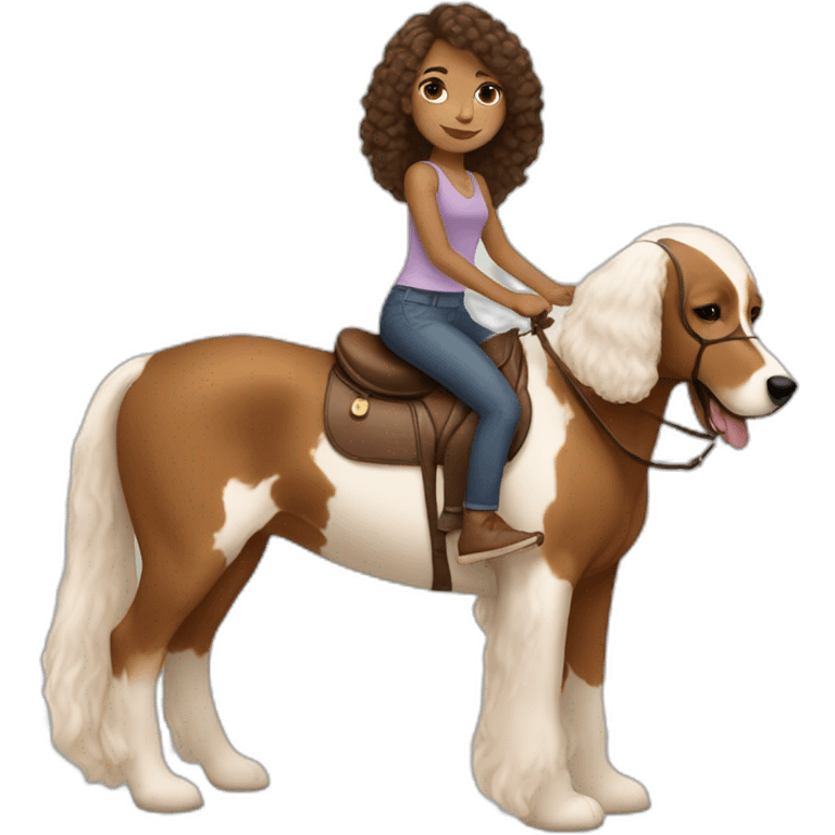 Brown girl straight hair riding a tan and white bernadoodle emoji