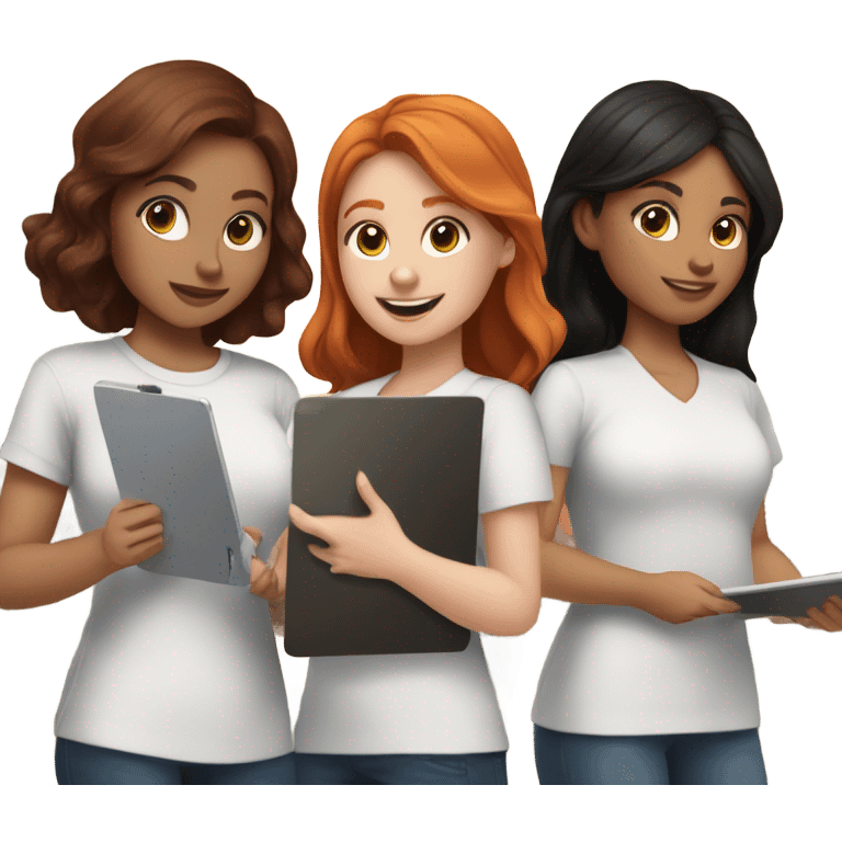 Girl with black hair, brunette girl, and redhead girl conducting surveys on clipboards and ipads emoji