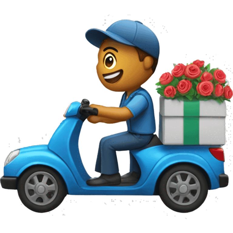 courier with auto delivering gift and flowers  emoji